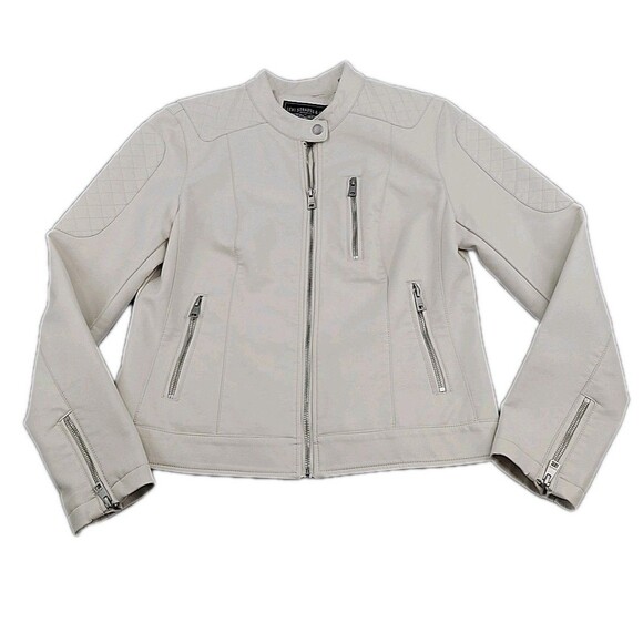 Levis Womens Faux Leather Off White Jacket Size M Zippers Pockets Lining Nice - Picture 1 of 13